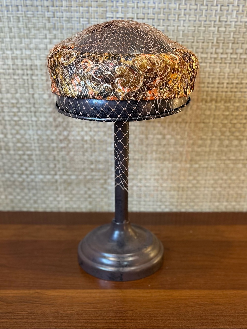 VTG 1950s-60s Metallic Floral Brocade Ring Hat with Birdcage Veil Union Made
USA